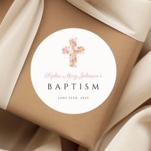 Elegant Religious Pink Floral Cross Baptism Classic Round Sticker
