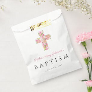 Elegant Religious Pink Floral Cross Baptism Favor Bag