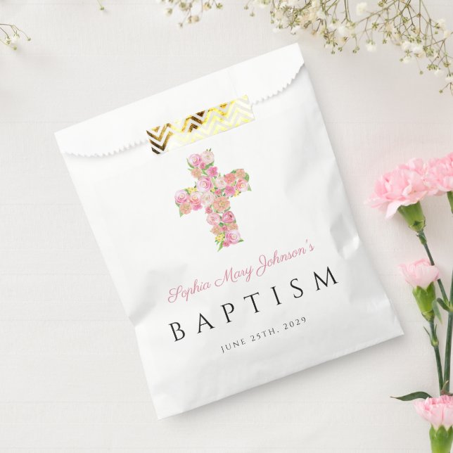 Elegant Religious Pink Floral Cross Baptism Favor Bag (Sealed)