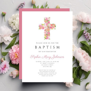Elegant Religious Pink Floral Cross Baptism Invitation