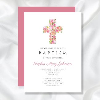 Elegant Religious Pink Floral Cross Baptism