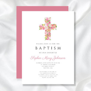 Elegant Religious Pink Floral Cross Baptism Invitation