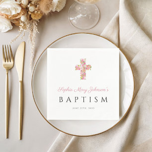 Elegant Religious Pink Floral Cross Baptism Napkins
