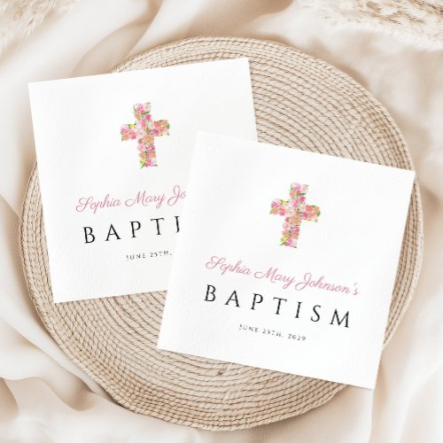 Elegant Religious Pink Floral Cross Baptism