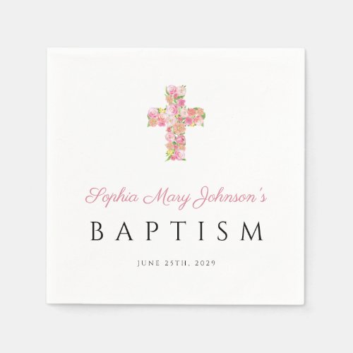 Elegant Religious Pink Floral Cross Baptism Napkins