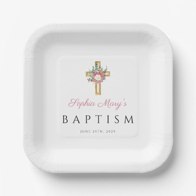 Elegant Religious Pink Floral Girl Baptism Paper Plates (Front)