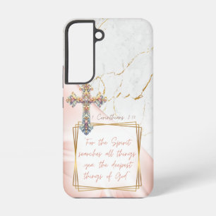 Elegant Religious Pink Satin Gold Marble Cross Samsung Galaxy S22 Case