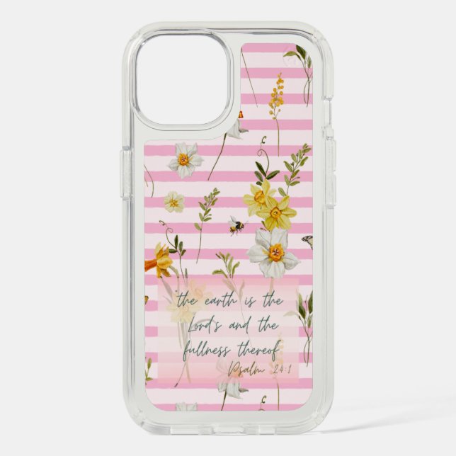 Elegant Religious Pink Stripe Yellow Daffodils Bee Speck iPhone Case (Front)