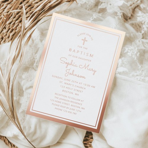 Elegant Religious Rose Gold Cross Script Baptism Foil Invitation