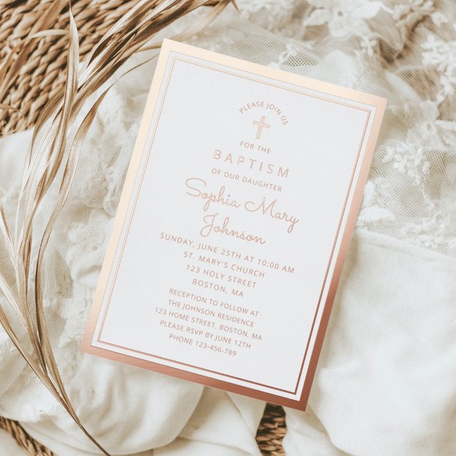 Elegant  Religious Rose Gold Cross Script Baptism Foil Invitation (Elegant Religious Rose Gold Cross Script Baptism Foil Invitation)