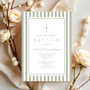 Elegant Religious Sage Green Boy Baptism Invitation