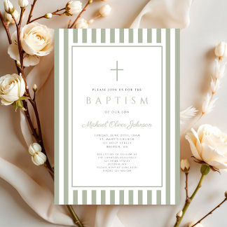 Elegant Religious Sage Green Boy Baptism Invitation