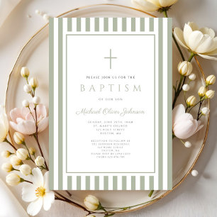 Elegant Religious Sage Green Boy Baptism Invitation