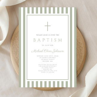 Elegant Religious Sage Green Boy Baptism Invitation