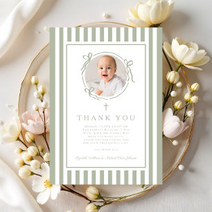 Elegant Religious Sage Green Boy Baptism Thank You Card