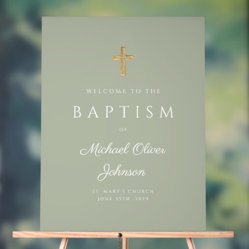 Elegant Religious Sage Green Boy Baptism Welcome Acrylic Sign