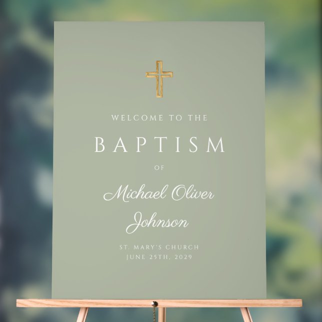 Elegant Religious Sage Green Boy Baptism Welcome Acrylic Sign (Neutral)