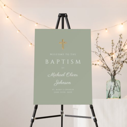 Elegant Religious Sage Green Boy Baptism Welcome Foam Board