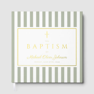 Elegant Religious Sage Green Stripes Baptism Foil Guest Book
