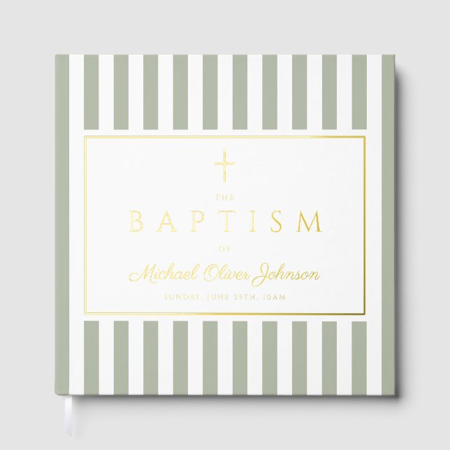 Elegant Religious Sage Green Stripes Baptism Foil Guest Book (Front)