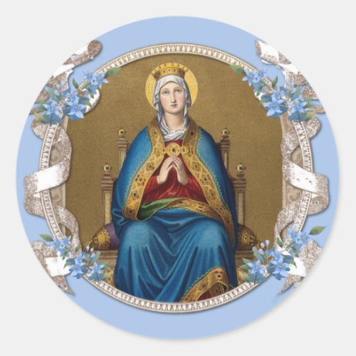 Elegant Religious Virgin Mary Blue Floral  Classic Round Sticker