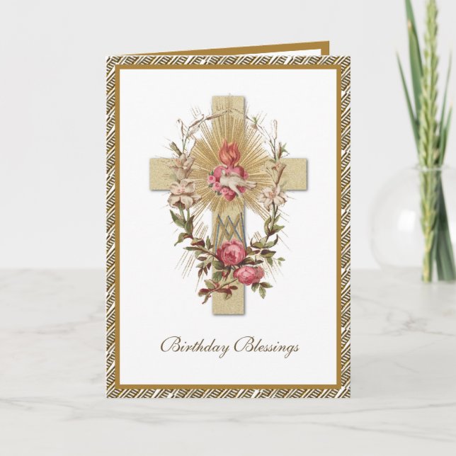 Elegant Religious Virgin Mary Cross Floral Card (Front)