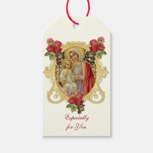 Elegant Religious Virgin Mary Jesus Red Roses Gift Tags