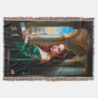 Elegant Renaissance Woman in Green Dress Throw Blanket