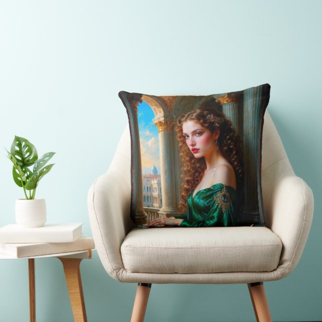 Elegant Renaissance Woman in Green Dress Throw Pillow (Chair)