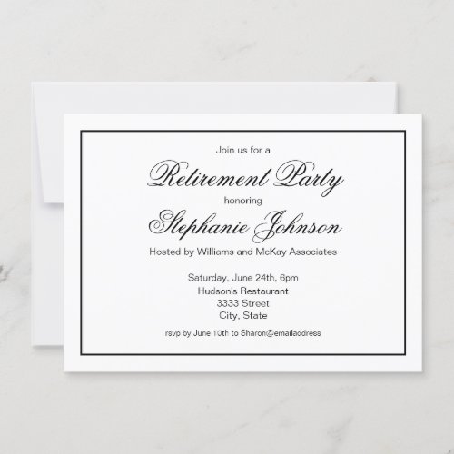 Elegant Retirement Black and White Script Party Invitation