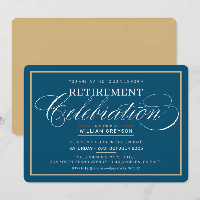 ELEGANT RETIREMENT DINNER modern dark blue gold Invitation | Zazzle