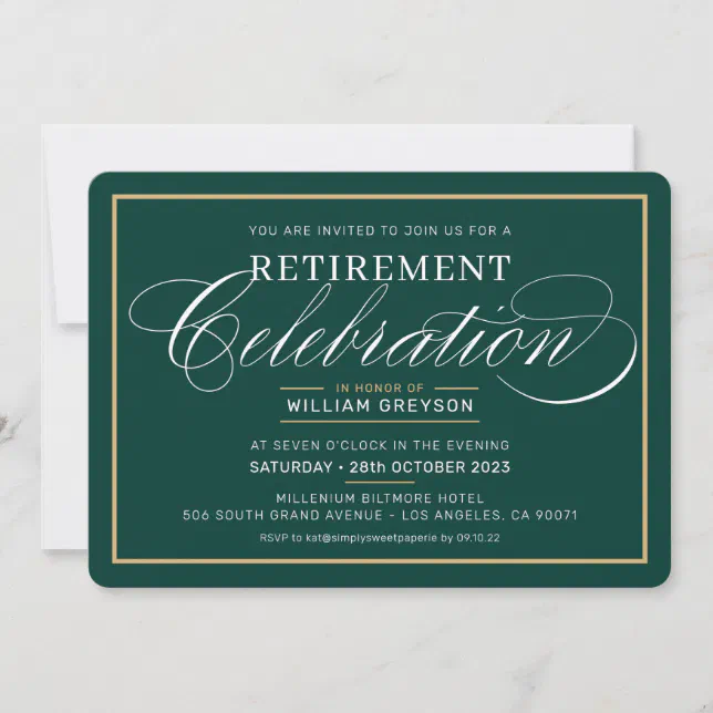 ELEGANT RETIREMENT DINNER modern dark green gold Invitation | Zazzle