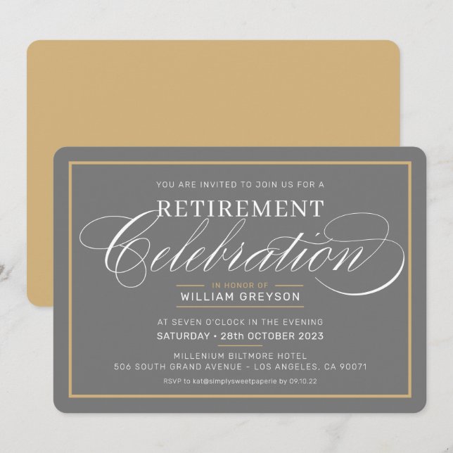 ELEGANT RETIREMENT DINNER modern grey white gold Invitation (Front/Back)