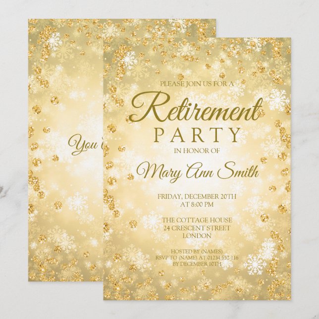 Elegant Retirement Gold Glitter Winter Wonder Invitation (Front/Back)