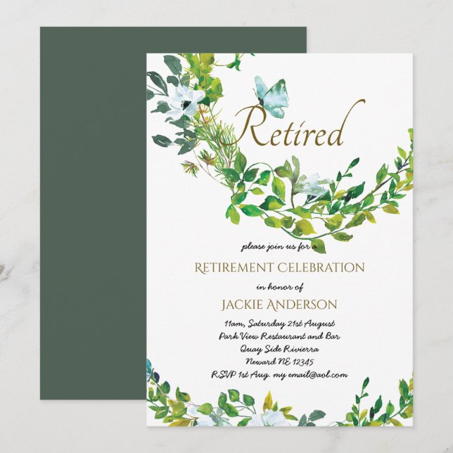 Elegant RETIREMENT Invitations Botanical Greenery (Front/Back)