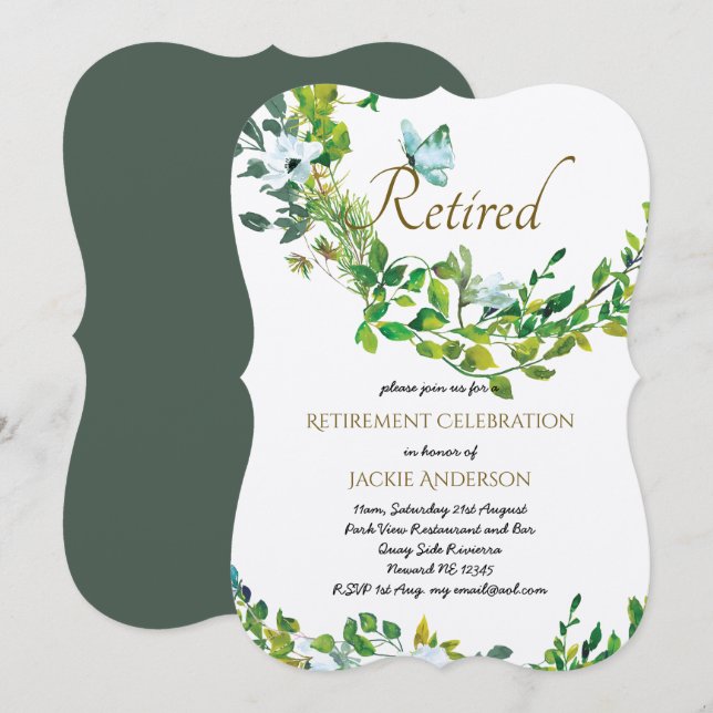 Elegant RETIREMENT Invitations Man Woman Greenery (Front/Back)