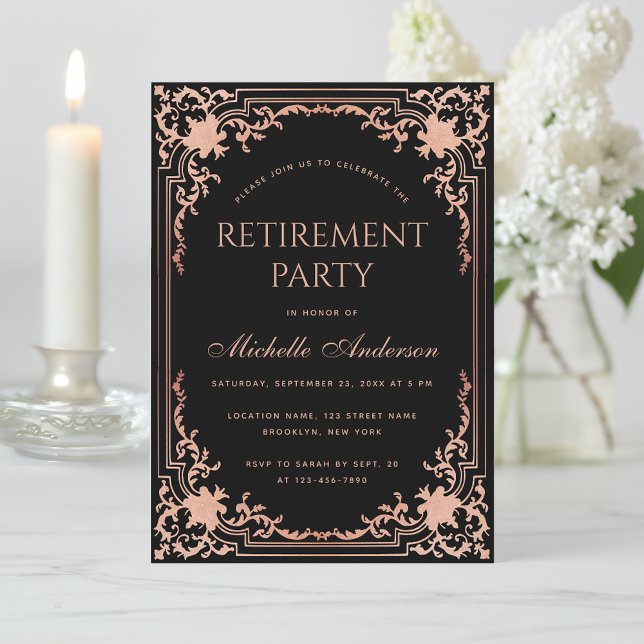  Elegant Retirement Party Black Pink Rose Gold Invitation (Creator Uploaded)