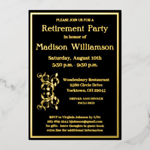 Elegant Retirement Party Black REAL Gold Foil Invitation