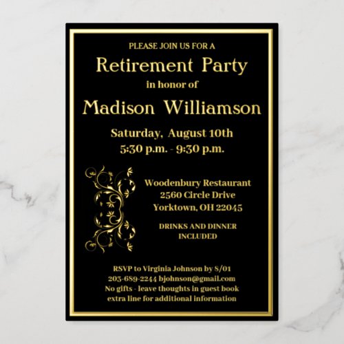 Elegant Retirement Party Black REAL Gold     Foil Invitation