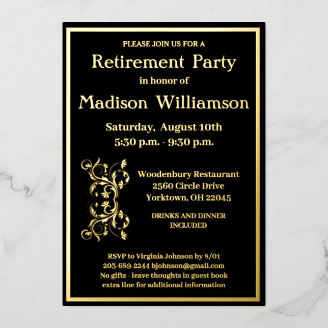 Elegant Retirement Party Black REAL Gold     Foil Invitation (Front)