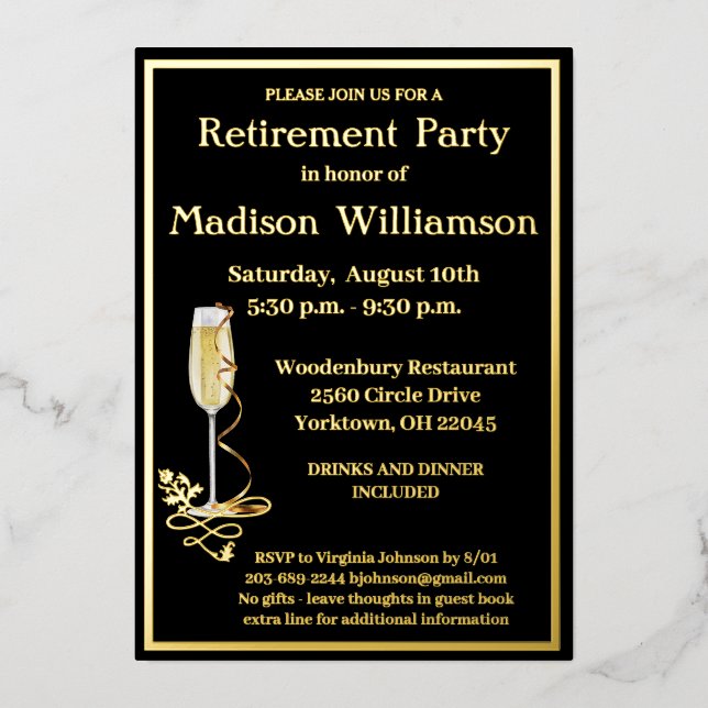 Elegant Retirement Party Black REAL Gold     Foil Invitation (Front)
