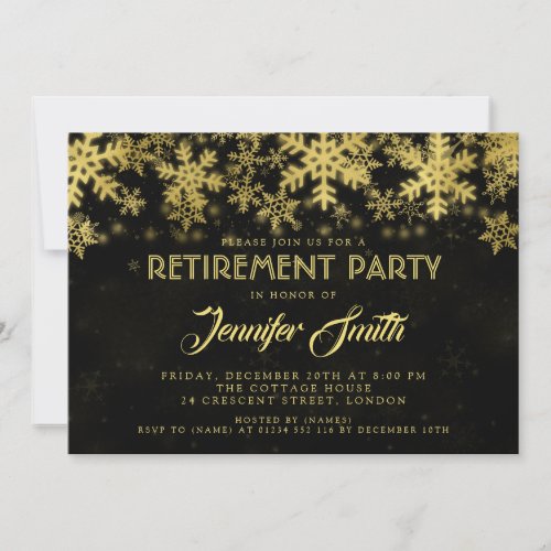 Elegant Retirement Party Gold Foil Snowflakes Invitation