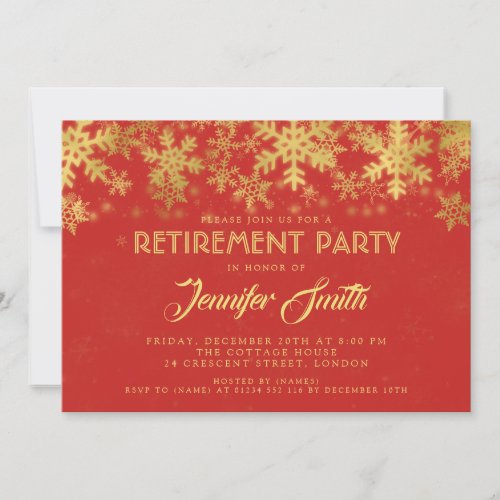 Elegant Retirement Party Gold Foil Snowflakes Red Invitation
