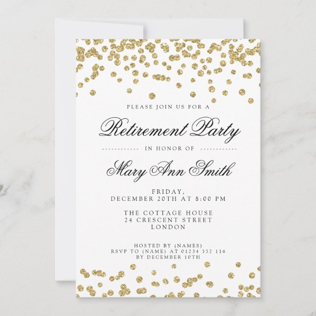 Elegant Retirement Party Gold Glitter Confetti Invitation (Front)