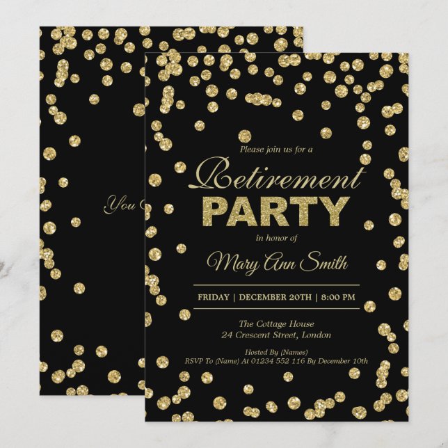 Elegant Retirement Party Gold Glitter Confetti Invitation (Front/Back)