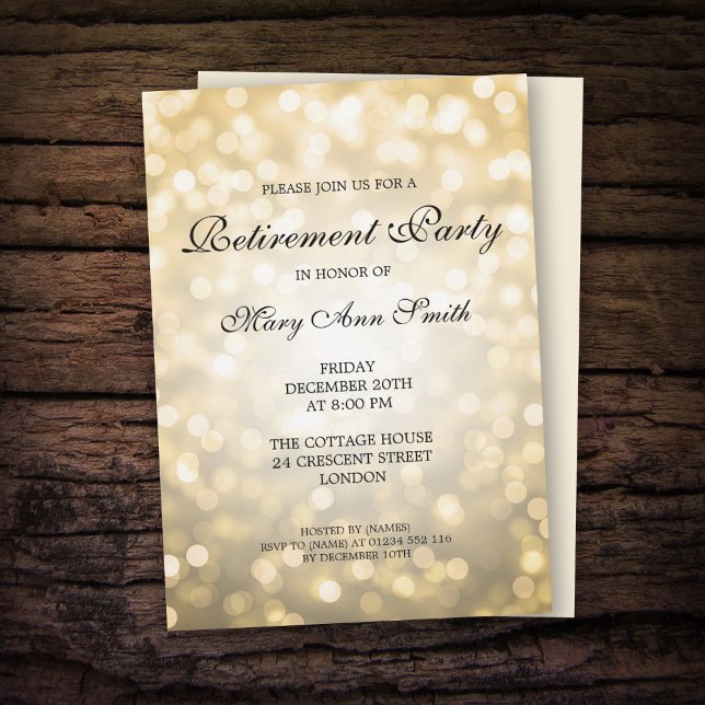 Elegant Retirement Party Gold Glitter Lights Invitation (Creator Uploaded)
