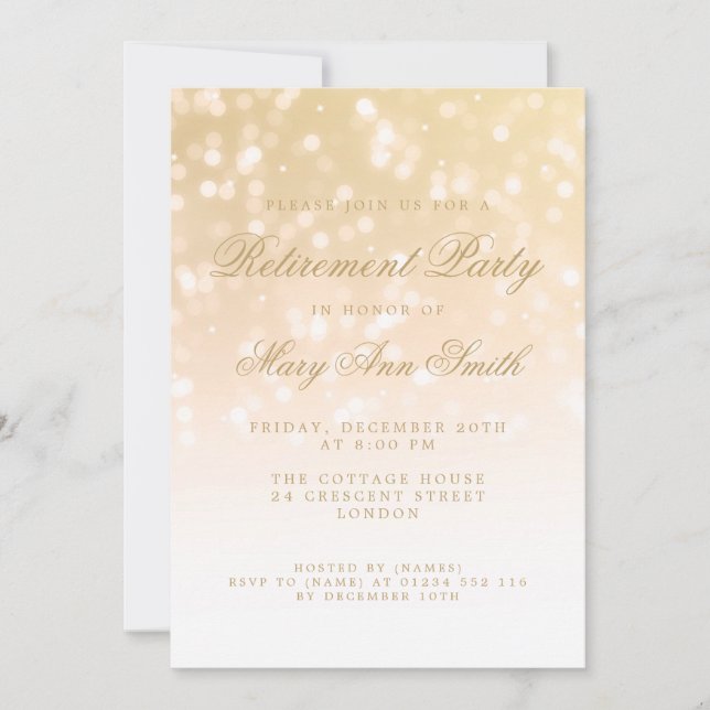 Elegant Retirement Party Gold Sparkle Lights Invitation (Front)