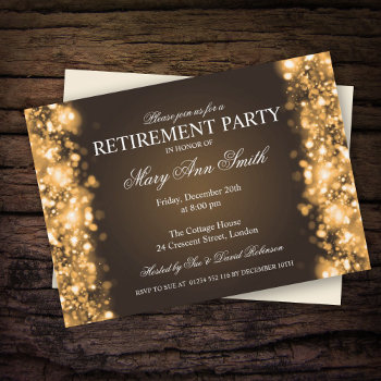 Elegant Retirement Party Gold Sparkling Lights Invitation by Rewards4life at Zazzle