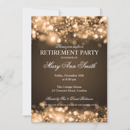 Elegant Retirement Party Gold Sparkling Lights Invitation | Zazzle