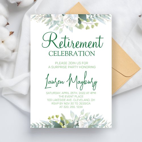 Elegant Retirement Party Greenery Roses Retired Invitation